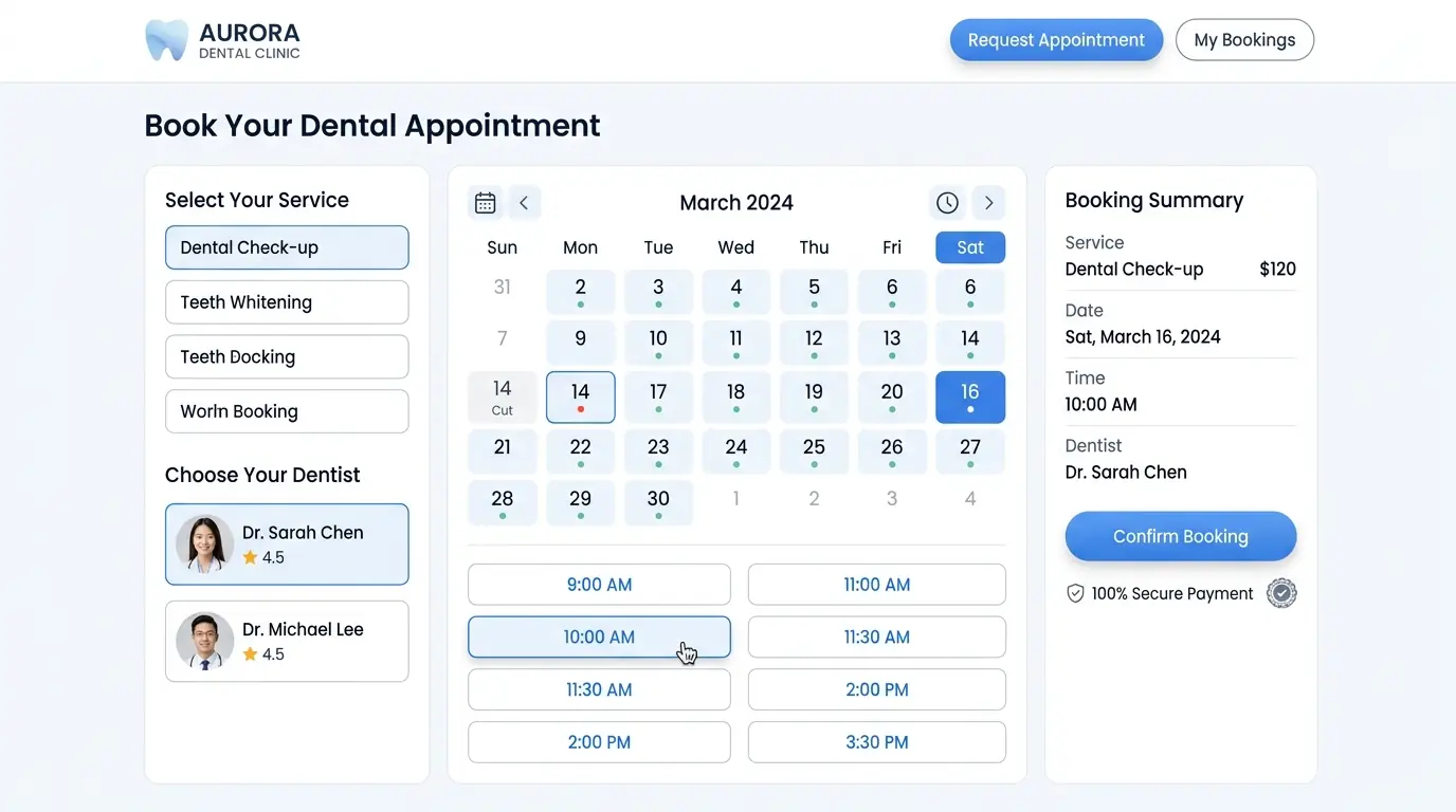Sleek UI of a Dental Appointment Booking Website Calendar