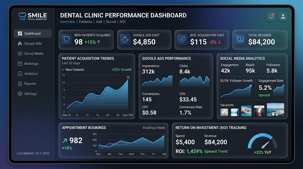 Digital Marketing Dashboard for Dental Clinics in UAE Showing Patient Acquisition Metrics
