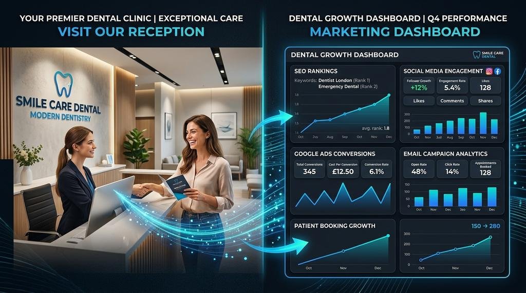 Comprehensive Dental Marketing Services Dashboard Connected to a Modern Dubai Clinic