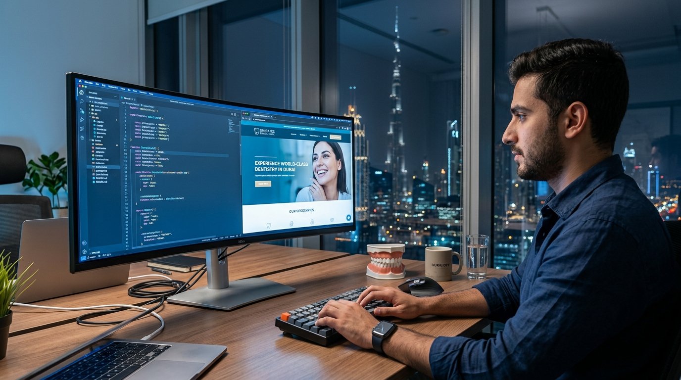 A developer working on the backend code for a dental website in Dubai