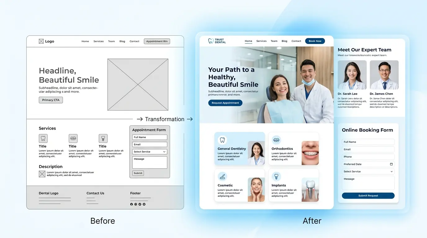 Visual concept showing the transformation and redesign of a dental clinic website