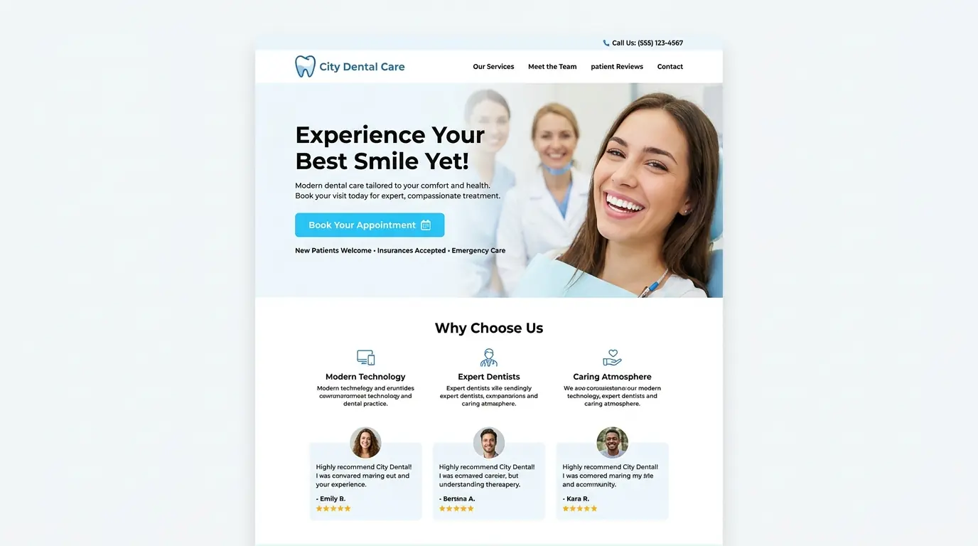 Sleek UI of a high-converting Dentist Landing Page
