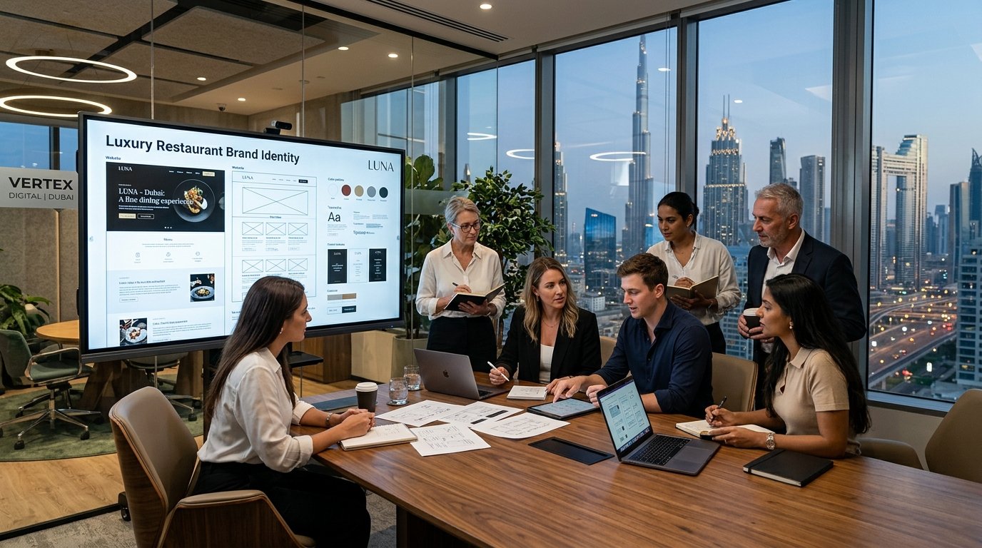 A team at a digital agency in Dubai working on a restaurant brand strategy